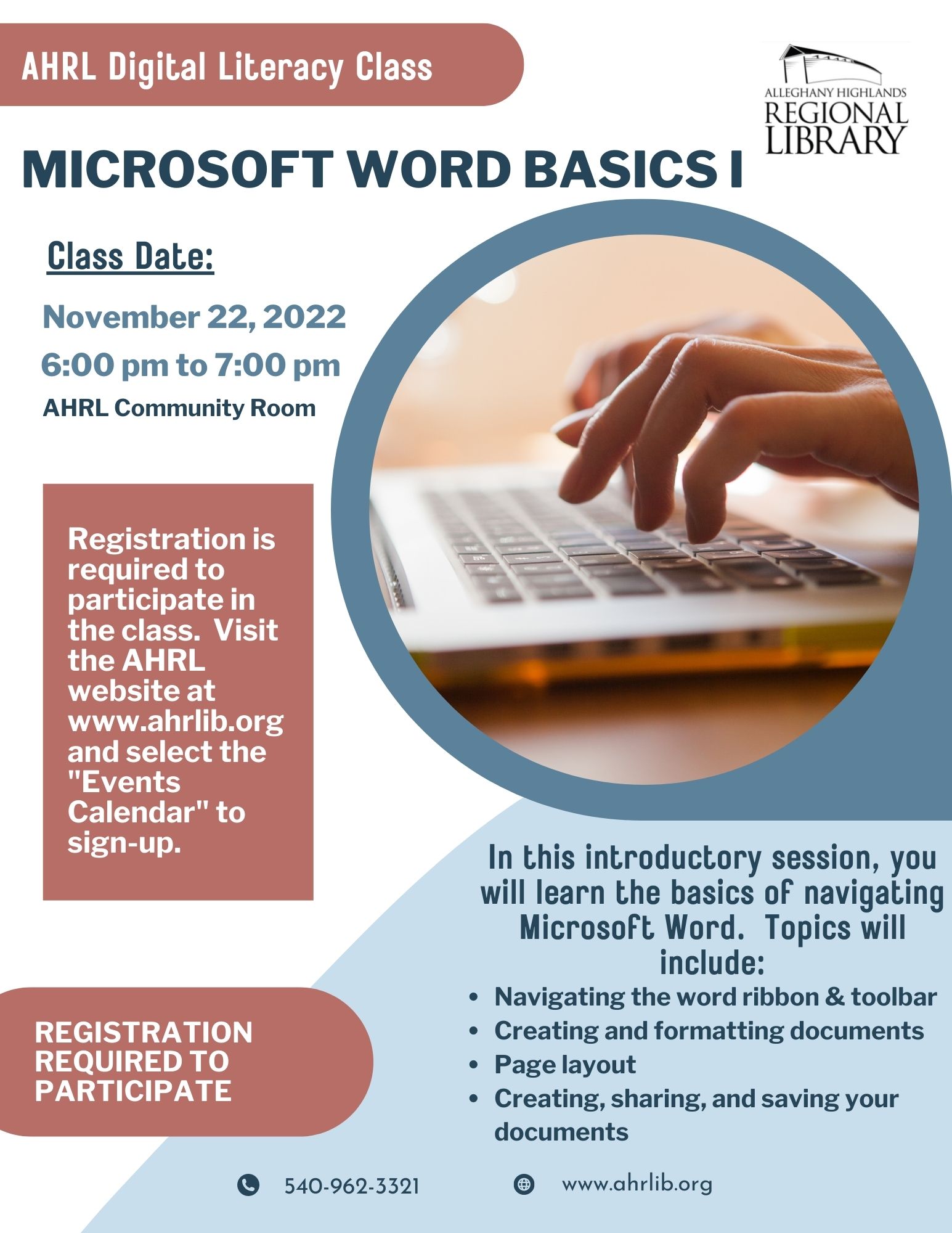 AHRL Digital Literacy Class Flyer--Word Processing Basics