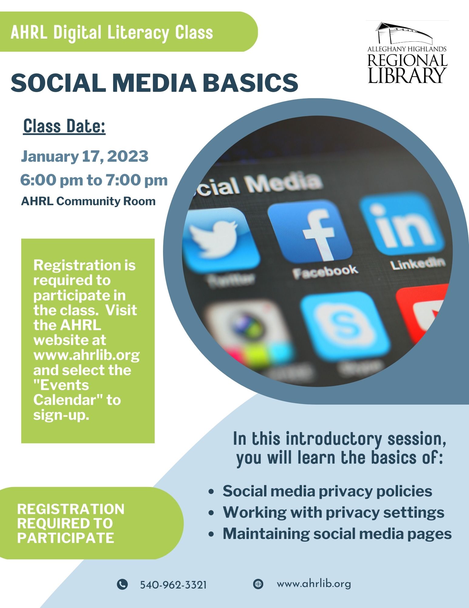 AHRL Digital Literacy Class Flyer--Social Media Basics